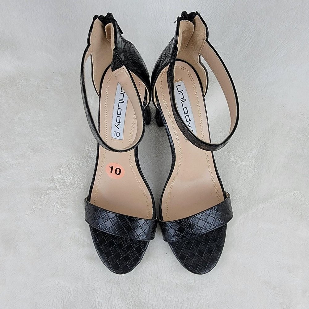 Unilady Black Woven Pattern Ankle Strappy Block High Heel Sandal Size 10 - Picture 2 of 9